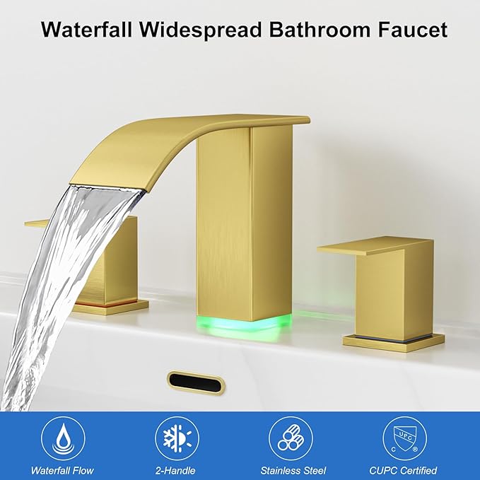 RUMOSE LED Bathroom Faucets Set Brushed Gold 8 inch Bathroom Sink Faucet 3 Hole with Pop Up Drain Widespread Waterfall Vanity Faucet with 3 Colors Light Changing Stainless Steel Deck Mounted