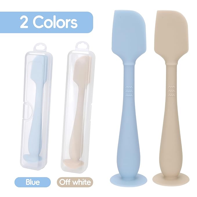 2 Pack Diaper Cream Spatula with Hygienic Travel Case, Butt Spatula Baby with Suction Base, Baby Butt Paste Spatula, Soft Silicone Diaper Rash Cream Applicator Large Size (Blue & Offwhite)