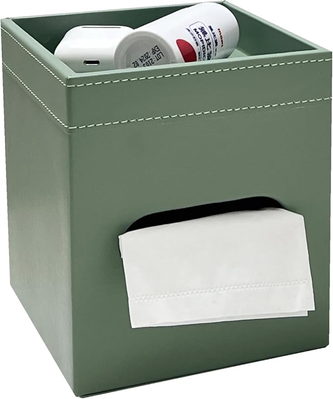 PU Leather Tissue Box Cover Square, Modern Tissue Holder with Storage Valet Tray, Nightstand Decorative Tissues Case, Facial Tissue Box Holder for Bathroom,Bedroom,Livingroom and Office (Light Green)