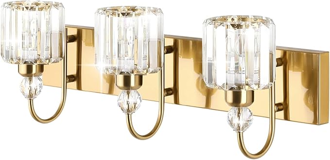 Ralbay Brass Gold Bathroom Vanity Lights 3-Lights Brass Gold Crystal Vanity Lights Over Mirror Modern Crystal Brass Gold Bathroom Vanity Lighting Fixtures