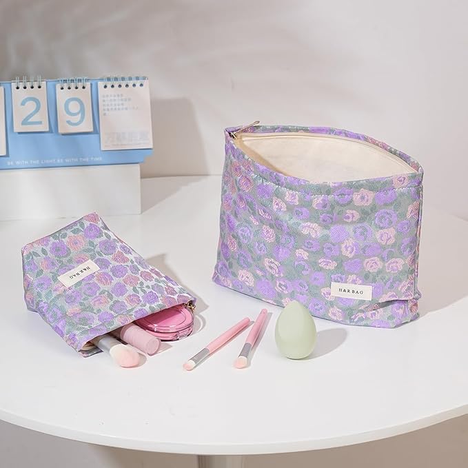 2 Pcs Makeup Bags for Purse, Large Cute Cosmetic Bag Travel Toiletry Bag Organizer for Women, Embroidery Craft Floral Makeup Bag Small Cosmetic Pouch Purse with Zipper (Purple and Pink Flower)