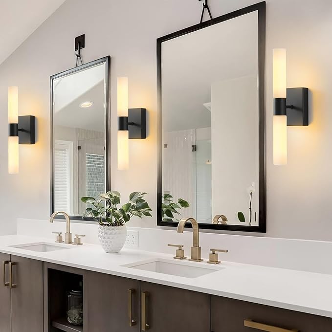 Wall Sconces Set of Two Matte Black Modern Bathroom Sconces Lighting Set of 2 Frosted Glass Shade Indoor Wall Lamp Wall Mounted Lights Metal Wall Light Fixtures for Living Room Stairs