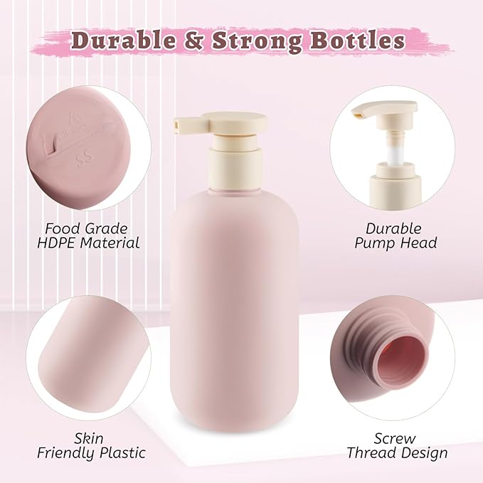 6 Pcs 10 oz Soft Plastic Bottles with Press Pump,Empty Refillable Travel Shampoo Dispenser Container for Hand Soap,Shampoo,Lotion,Body Wash,Conditioner,Silicone Funnel Included (Pink)