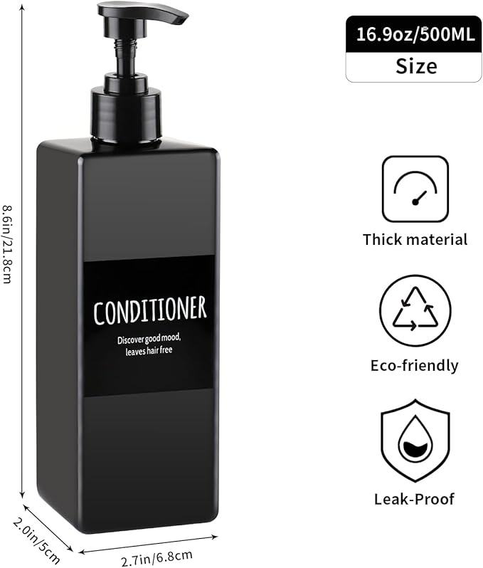 Deroanbot 3 Black Plastic Bottles and Pump - Shower Soap and Shampoo Dispenser - 16.9 oz Reusable Bathroom Bottle