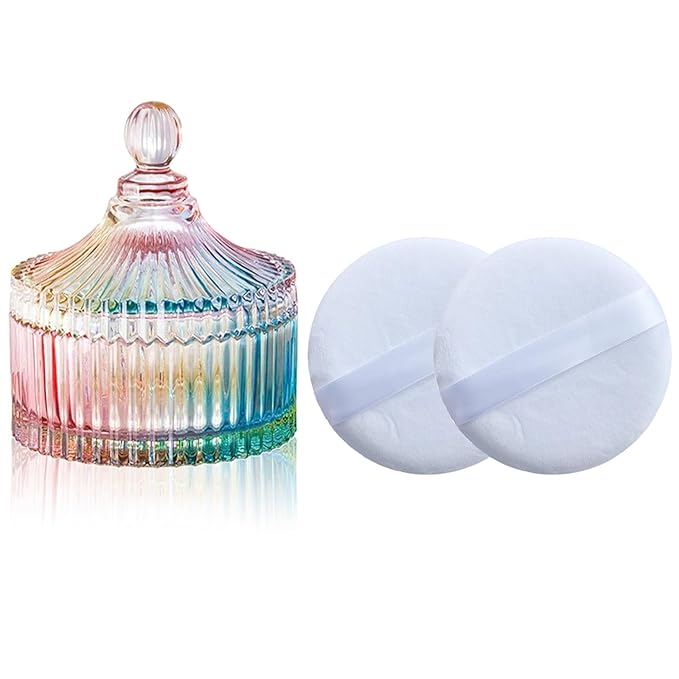 Body Powder Puff and Container, Glass Box for Dust Puff, Powder applicator with Case for Dusting powder (colorful)
