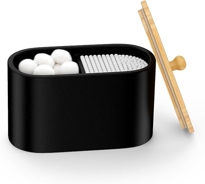 Cotton Swab Holder,Round Cotton Pads Balls Qtip Holder Dispenser with Lid, 2 Compartments Qtips Holder, Tampoms Period Box Bathroom Organizers Storage Bin Floss Dispenser Vanity Cosmetics, Black