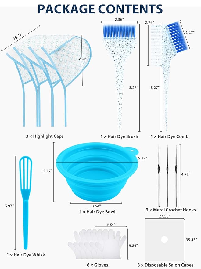 19PCS Hair Bleach Highlighting Kit with Hair Dye Brush and Bowl Set Color Whisk, Highlight Frosting Cap with Hook, Gloves and Capes, Home Use Salon Tools for Hair Bleaching Coloring Dying