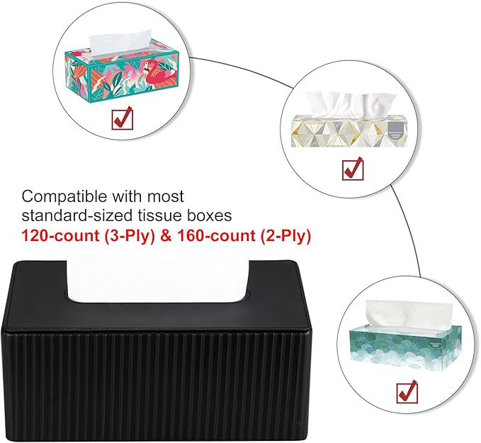 KINGFOM PU Leather Tissue Box Cover Rectangular Tissue Box Holder with Magnetic Bottom, Napkin & Facial Tissue Holder Dispenser for Home, Office for Standard 120-count/160-count (2-Ply) Black Stripe