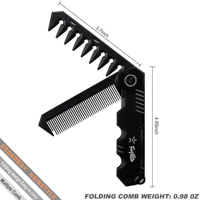 Protable Folding 2 in 1 Hair Comb Dence Tooth Comb Wide Tooth Comb Sparse Styling Pocket for Combing Straight hair Curly Hair Beards Mustaches for Men Barber Hairdresser (Black)