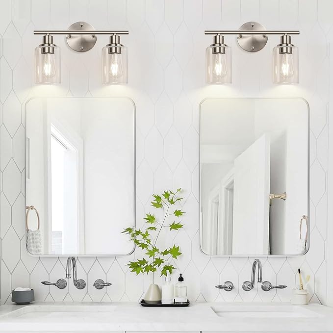 2-Light Bathroom Light Fixtures, Brushed Nickel Vanity Light, Modern Vanity Lights with Clear Glass Shade, Bathroom Wall Lamp for Mirror Kitchen Living Room Hallway Cabinet Porch