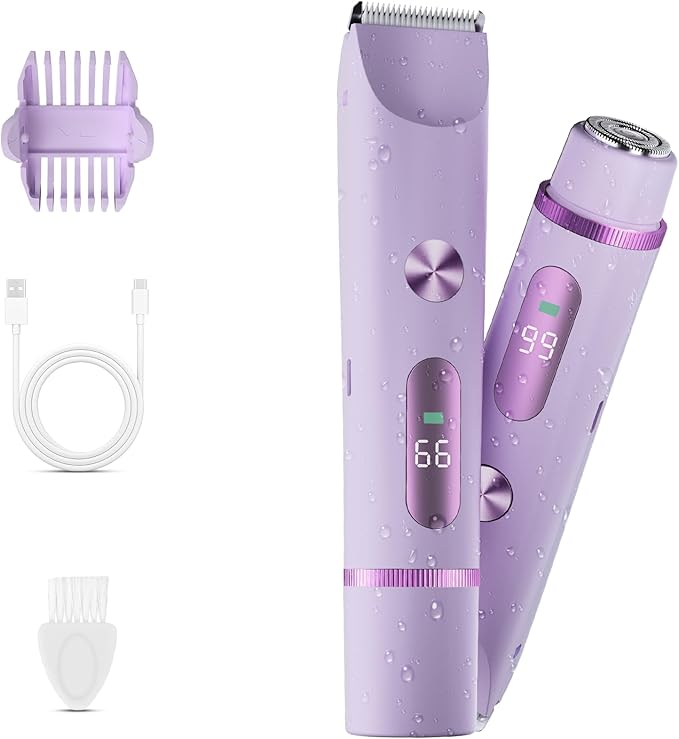 Bikini Trimmer for Women, 2 in 1 Electric Shaver for Women, Rechargeable Electric Razor Body Hair Trimmer Wet & Dry Use, Purple
