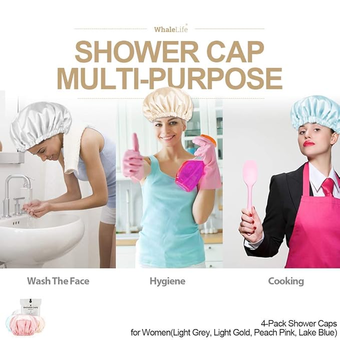 Shower Cap for Women Reusable Extra Large Shower Caps for Men Satin Double Layer EVA Waterproof Long Hair Caps(Light Grey, Light Gold, Peach Pink, Lake Blue 4 Pack)