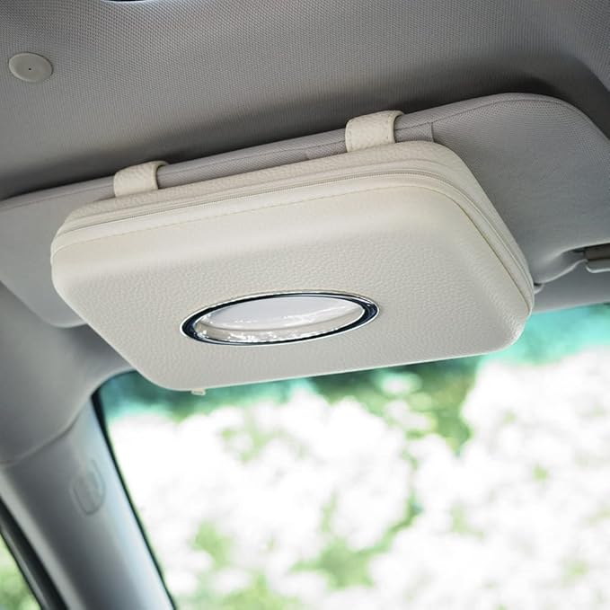 Car Tissue Holder, Sun Visor Tissue Holder, Zipper Car Visor Napkin Holder, PU Leather Backseat Tissue Case for Car,Vehicle (Beige)