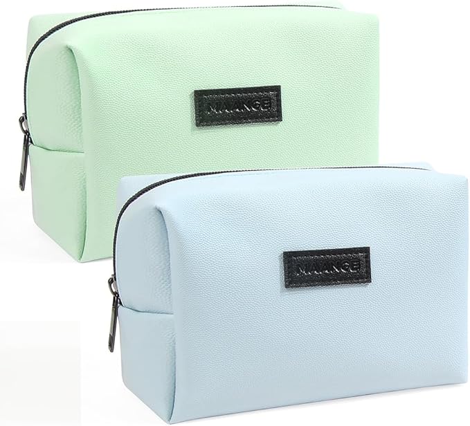 MAANGE 2 Pcs Small Makeup Bag For Purse, Travel Cosmetic Bag Makeup Pouch PU Leather Portable Versatile Zipper Pouch For Women (Blue+Green)