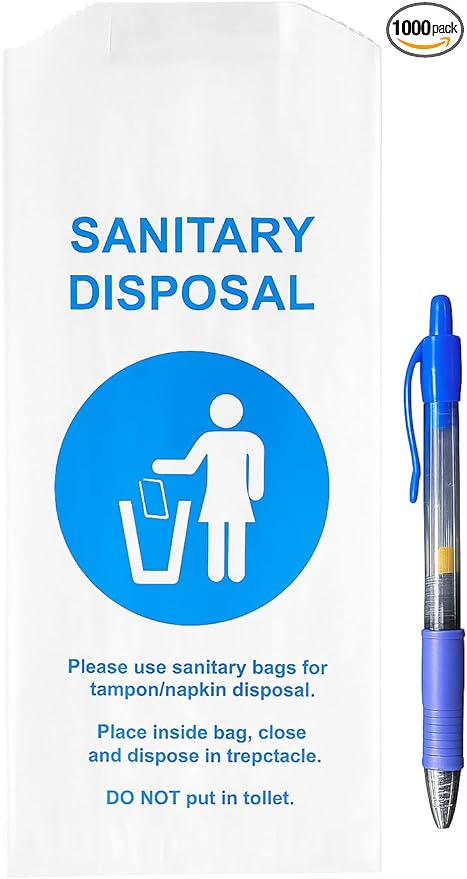 Bulk Restroom Supplies - Sanitary Disposal Bags for Feminine Products, 1000 Count, 4x2x9 Inches, Discreet Tampon Napkin Disposal with Odor Control, Commercial Bathroom Hygiene