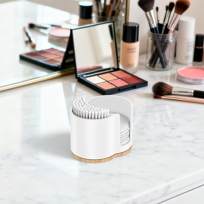 Cotton Pad and Swab Holder, Q tip Holder Round Cotton Pad Dispenser Plastic Cotton Swabs Dispenser, Bathroom Accessories Storage Organizer for Cotton Pads Floss Picks, White