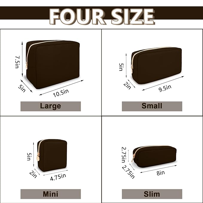 Small Makeup Pouch for Purse, Nylon Travel Toiletry Storage Pouch Cute Preppy Cosmetic Bag for Women Girls, Waterproof Makeup Organizer Skincare Bag Purse with Zipper (Small-Chocolate)