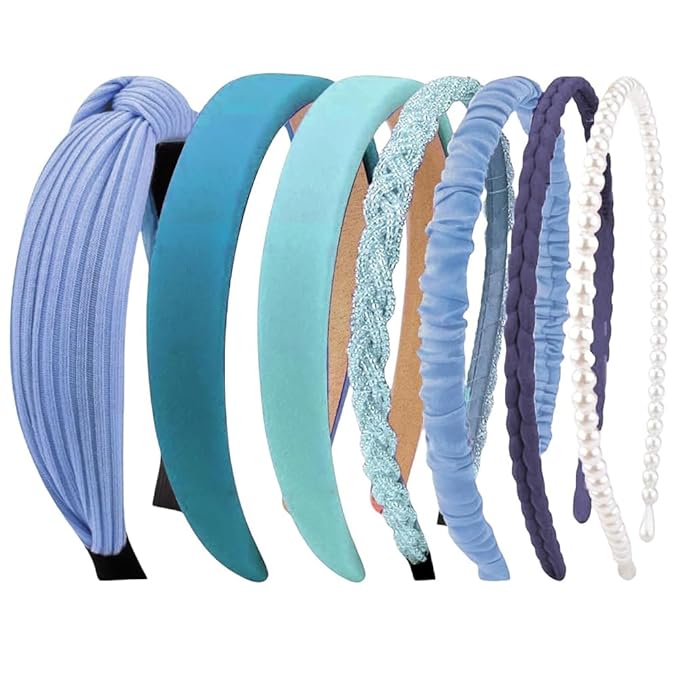 AHONEY 7 Pack Blue Headbands for Girls Women Headbands Trendy Non Slip Hairbands Preppy Hair Accessories Multi-style Headband Pack