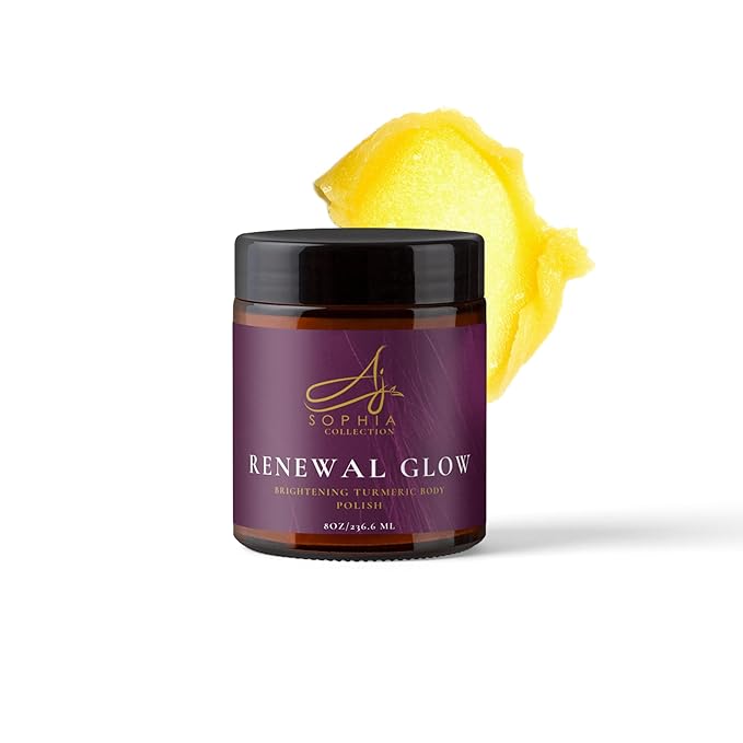 AJ Sophia’s Turmeric Body Polish Scrub – Renewal Brightening & Exfoliating Skincare with Vitamin E & Glycerin – Body Scrub for Glowing Skin, Dark Spots, Uneven Tone & Texture – All Skin Types, 8 fl oz
