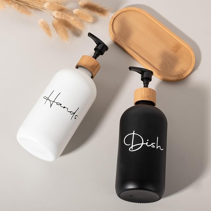 17 oz Hand Soap Dispenser Empty Glass Lotion Pump Bottles, Refillable Liquid Dish Soap Bottles for Bathroom, Kitchen Sink, Black + White, 2 Pack