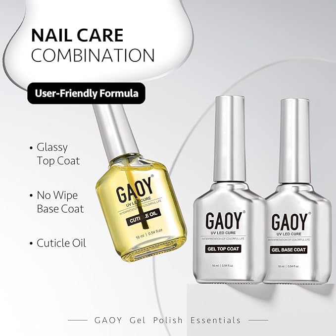 GAOY Gel Top Coat, Base Coat and Cuticle Oil Set, 3 Pcs 16ml Glossy No Wipe Combination for UV Light Cure Gel Nail Polish