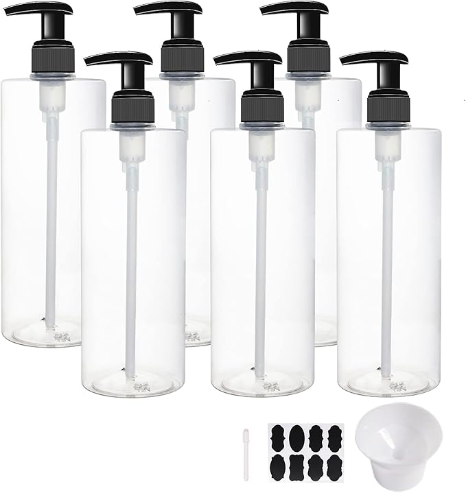 6 Pack 16 oz Plastic Pump Dispenser Bottles for Massage Oil, Shampoo, Lotions, Body Wash Pump Bottles, Hand Sanitizer Refillable Containers with Pump, 1 Funnel, 8 Chalk Labels