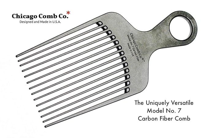 Chicago Comb Model 7 Carbon Fiber Pick Comb, for Long Thick Curly & Afro Hair Styles, Black Color, 6 inches (15 cm)