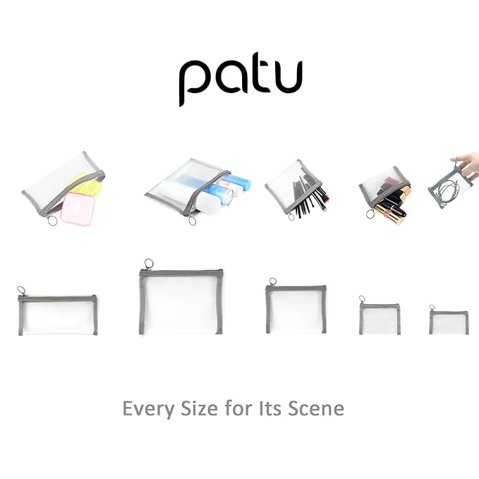 patu Zipper Mesh Bags, Pack of 5 (XS/S/M/L & Long Pouch), Beauty Makeup Cosmetic Accessories Organizer, Travel Toiletry Kit Set Storage Case, Gray