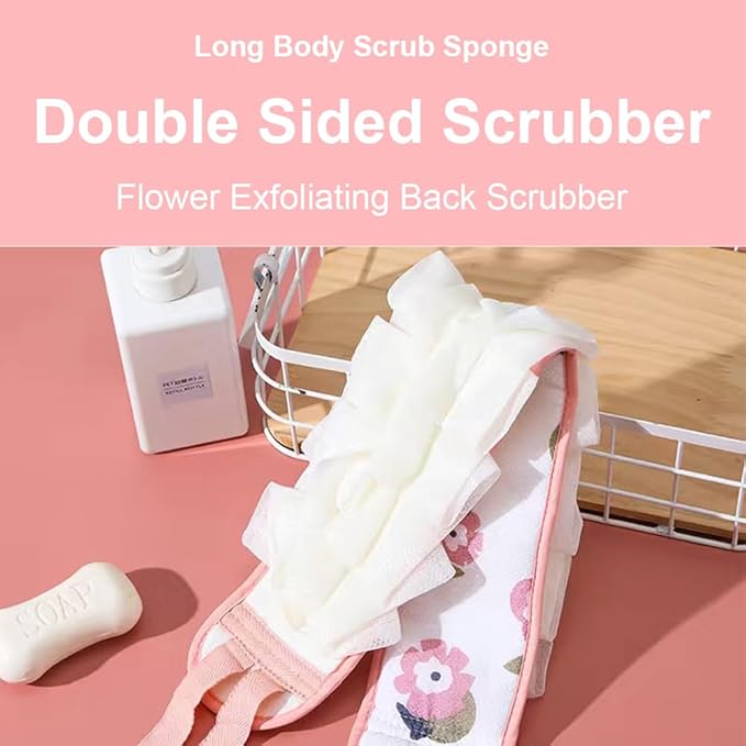 2pcs Flower Exfoliating Back Scrubber with Strap Long Body Scrub Sponge Double Sided Exfoliating Cloth Bath Shower Mesh Sponge Shower Loofah with Handle for Women