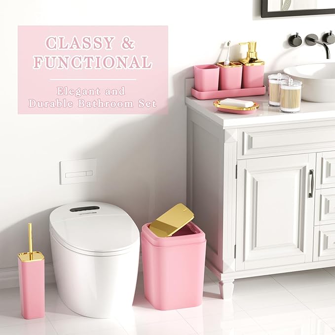 Bathroom Accessories Set - Luxury Pink Bathroom Set, 9 Pieces Bathroom Accessory Set, Pink Bathroom Accessories with Trash Can, Toilet Brush & Soap Dispenser