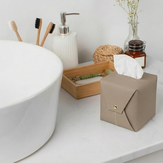 Tissue Box Cover Square, Leather Tissue Holder Organizer with Side Snap for Bathroom, Vanity, Tabletop, Office (1Pack-Light Taupe)