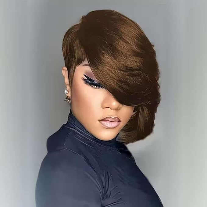 Adette Brazilian Remy Human Hair Pixie Cut Wig - #4 Dark Brown Side Part and Layered 8 Inch Short Straight Style 180% Density with Rose Net Cap for Black Women