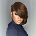 Adette Brazilian Remy Human Hair Pixie Cut Wig - #4 Dark Brown Side Part and Layered 8 Inch Short Straight Style 180% Density with Rose Net Cap for Black Women