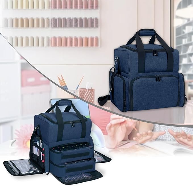 Nail Polish Organizer Case Holds 80 Bottles (15ml - 0.5 fl.oz) and a Nail Lamp,Nail Polish Case with 2 Removable Bags and Tools Storage Sections Blue
