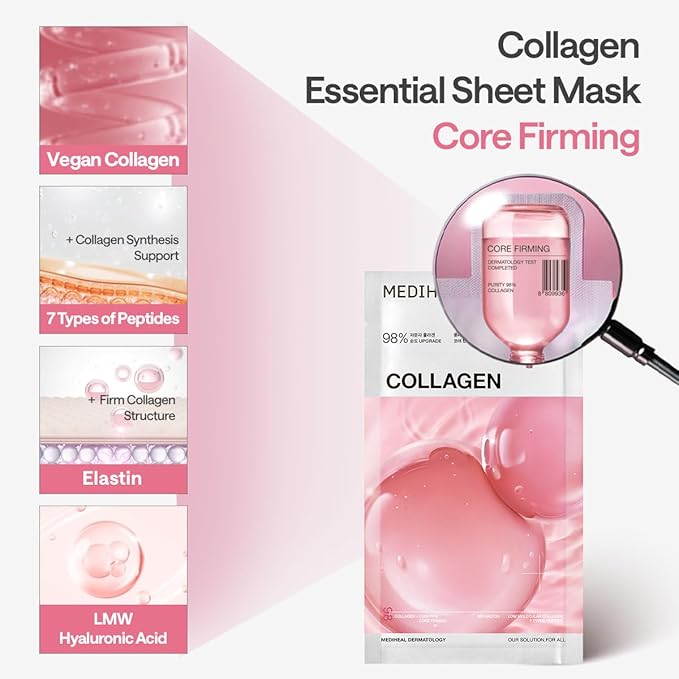 Mediheal Essential Face Mask [Collagen] Core Firming 10 pcs. with 98% Purity Collagen for Plumping Hydration, Glass Skin & Skin Firming - Travel Essentials, Vegan Formula Korean Beauty Sheet Mask