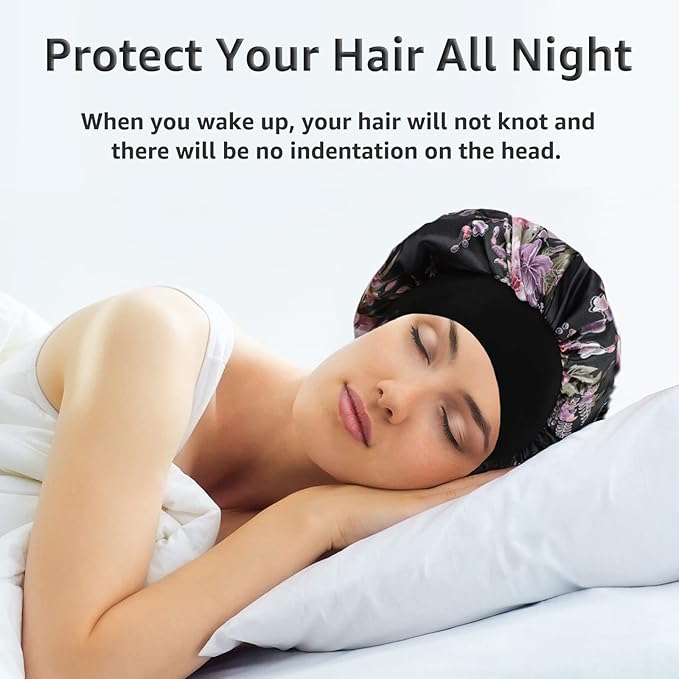 3 Pack Satin Bonnet Silk Hair Bonnet for Sleeping, Sleep Bonnets for Women Large Wide Soft Band Sleep Cap for Curly Hair Braids