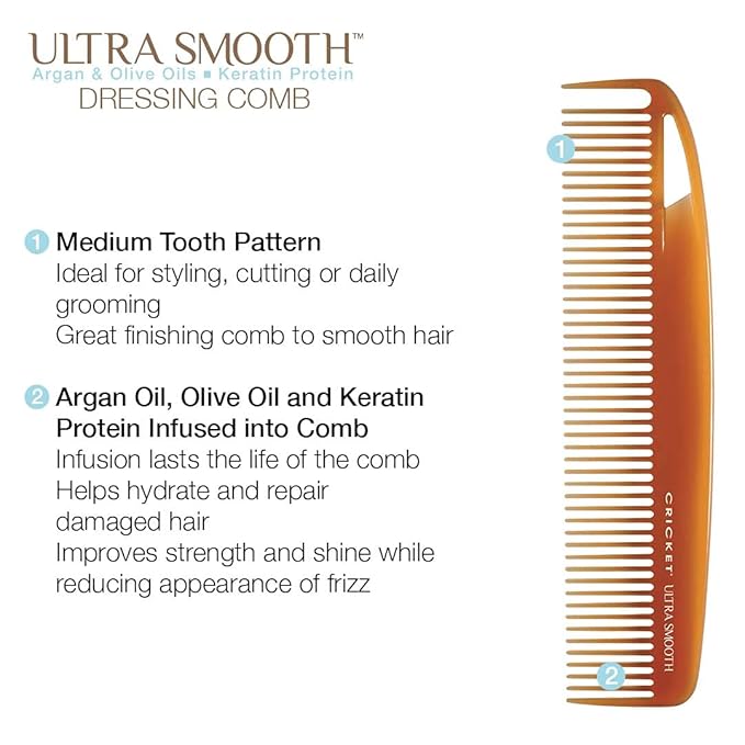 Cricket Ultra Smooth Dressing Comb – Anti-Frizz Hair Comb with Argan & Olive Oils, Keratin Protein Infusion, Medium Tooth Design for Styling, Cutting & Daily Grooming