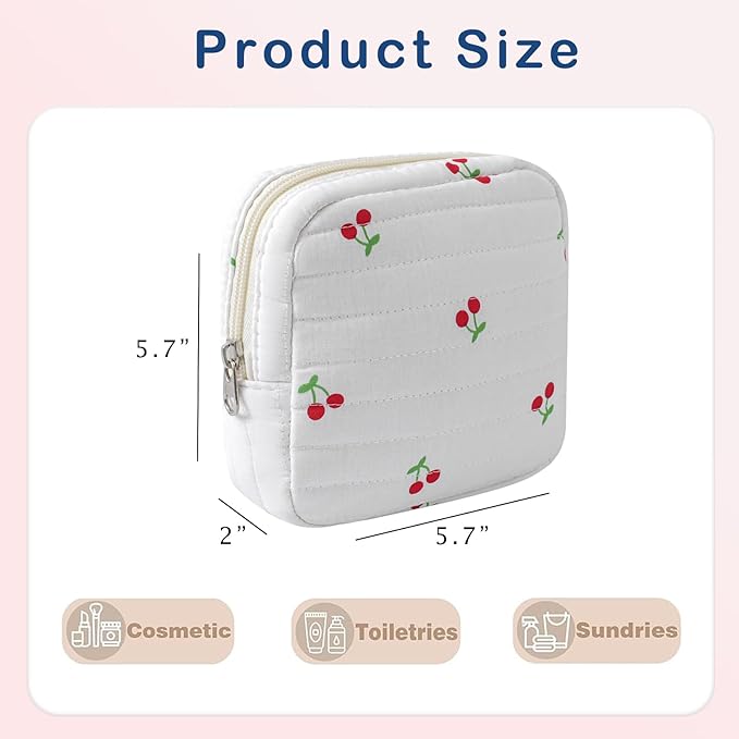 Small Quilted Cosmetic Pouch for Purse, Mini Cotton Makeup Bag with Compartments, Cute Zipper Lipstick Holder for Women (12Cherry)