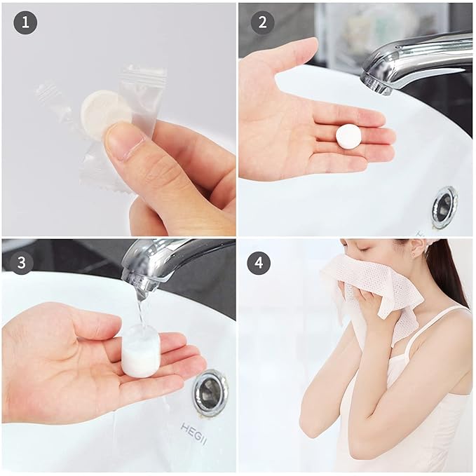 Classycoo Compressed Towel 100 PCS Mini Tablets Disposable Portable Face Towel Cotton Coin Tissue for Travel, Camping, Hiking, Sport, Home Hand Wipes&Other Outdoor Activities (Blue)