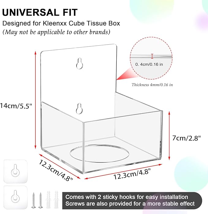 Acrylic Tissue Box Holder Wall Mounted, Clear Square Tissue Dispenser with Self Adhesive Hook and Screws, Classic Tissue Box Cover Tissues Organizer for Bathroom Toilet Kitchen Desk Cabinet RV