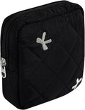 Small Quilted Cotton Makeup Bag for Purse, Cosmetic Bag with Compartments, Cotton Aesthetic Makeup Bag, Travel Toiletry Pouch, Key Pocket Lipstick Bag Card Holder Data Cable Organizer（05Black Bow）