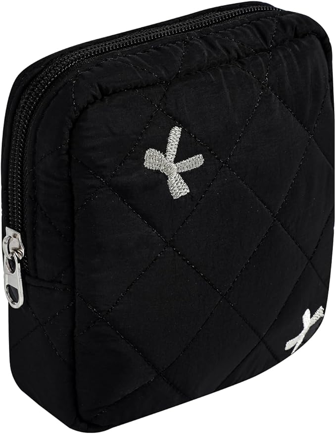 Small Quilted Cosmetic Pouch for Purse, Mini Cotton Makeup Bag with Compartments, Cute Zipper Lipstick Holder for Women (08Black Bow)