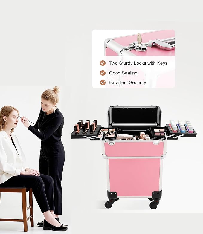 Pink Rolling Makeup Case, Professional Cosmetic Box Storage on Wheels, Large Make Up Train Carrying Cases w/4 Organizer Trays, Cosmetic Case Trolley with Locks for Makeup/Nail Art/Hair Styling