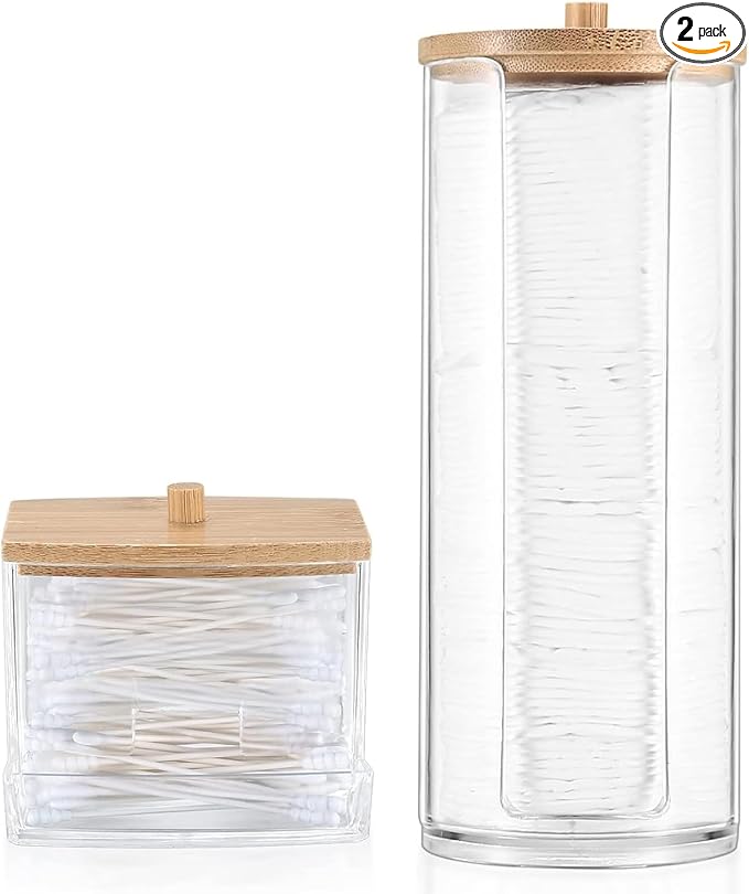 2 PCS Cotton Swab Dispenser, Pad Holder with Bamboo Lids, Qtip Bathroom Qtip Storage Container Bathroom Canisters with Lids, Cotton Round Dispenser for Floss Hair Ties Jewelry