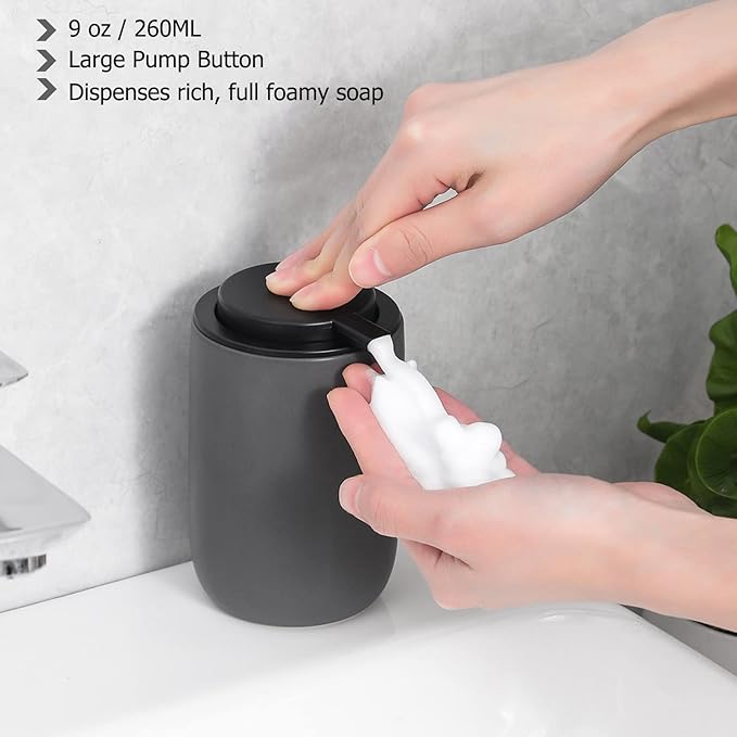 rejomiik Foaming Soap Dispenser Thick Ceramic Foam Hand Soap Dispenser for Bathroom or Kitchen Sink, Liquid Pump Bottles for Hand soap, Body Wash, Grey