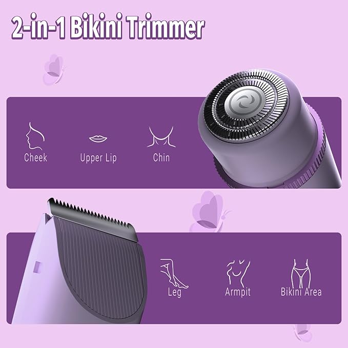 Bikini Trimmer for Women, 2 in 1 Electric Shaver for Women, Rechargeable Electric Razor Body Hair Trimmer Wet & Dry Use, Purple