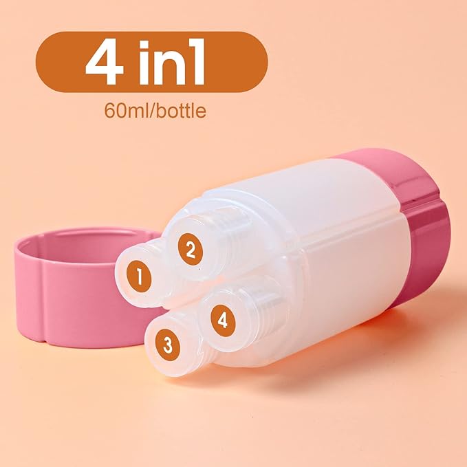 Olatay 4-in-1 Leak-Proof Travel Bottle ,4x60ml/2oz,with 2 Pre-printed Labels for Travel,Gym,Camping, Carry-On Toiletries Shampoo Lotion Bottle (Pink+Blue+Purple+Orange)
