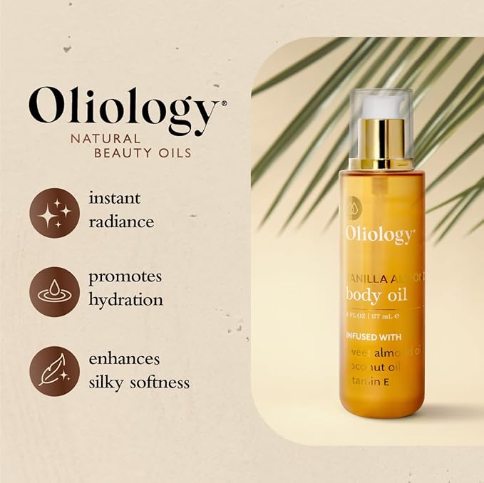 Oliology Vanilla Almond Body Oil – Hydrating Blend with Sweet Almond Oil, Coconut Oil & Vitamin E | Softens, Nourishes & Enhances Skin’s Radiance, 6 Fl Oz