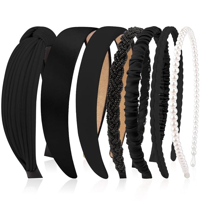 AHONEY 7 Pack Black Headbands for Women Girls Headbands Non Slip Hairbands Cute Hair Accessories Multi-style Headband Pack Diademas Para Mujer (Black)