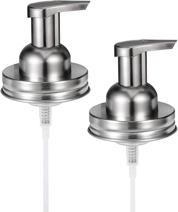 Amolliar Mason Jar Foaming Soap Dispenser Pump Lids, Rustproof Stainless Steel Lid Plastic Pump for Regular Mouth Mason Jar, Kitchen Bathroom Farmhouse Decor, Waterproof Stickers, Brushed Nickel 2Pack
